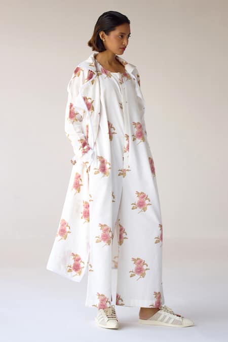 Cotton And Clay_White Cotton Round Neck, Collared Floral Hand Block Print Jumpsuit With Jacket _at_Aza_Fashions