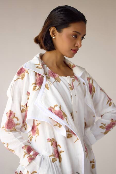 Buy_Cotton And Clay_White Cotton Round Neck, Collared Floral Hand Block Print Jumpsuit With Jacket 