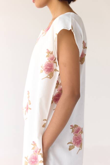 Cotton And Clay_White Cotton Embroidery Round Neck Floral Hand Block Print Jumpsuit _Online_at_Aza_Fashions