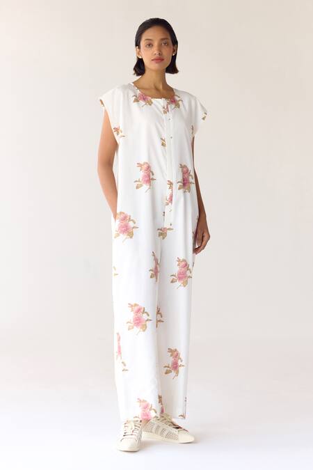 Buy_Cotton And Clay_White Cotton Embroidery Round Neck Floral Hand Block Print Jumpsuit _Online_at_Aza_Fashions