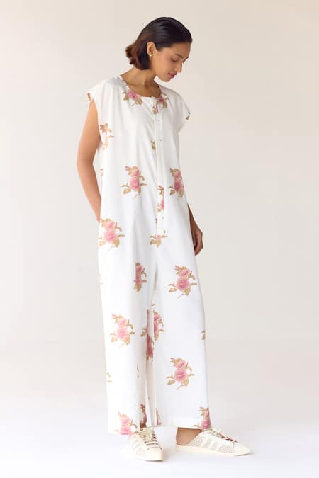 Shop_Cotton And Clay_White Cotton Embroidery Round Neck Floral Hand Block Print Jumpsuit _Online_at_Aza_Fashions
