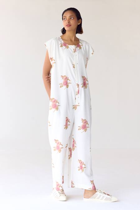 Cotton And Clay_White Cotton Embroidery Round Neck Floral Hand Block Print Jumpsuit _at_Aza_Fashions