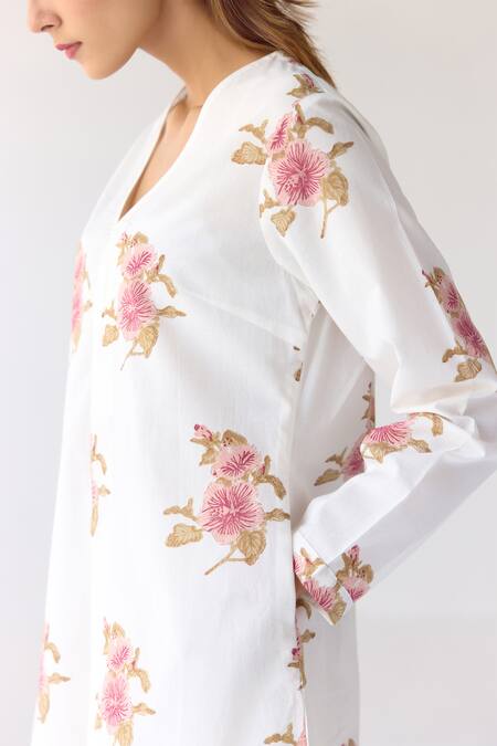 Shop_Cotton And Clay_White Cotton Embroidery V-neck Floral Hand Block Print Kurta And Trouser Set _Online_at_Aza_Fashions
