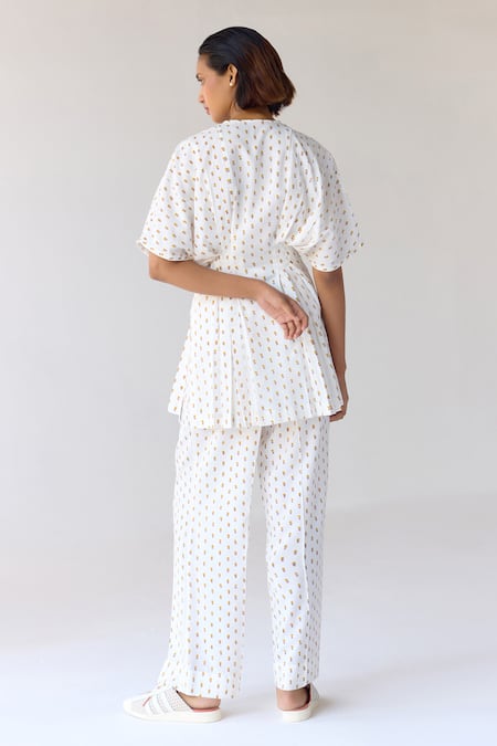 Cotton And Clay Hand Block Print Pleated Top & Trouser Set 