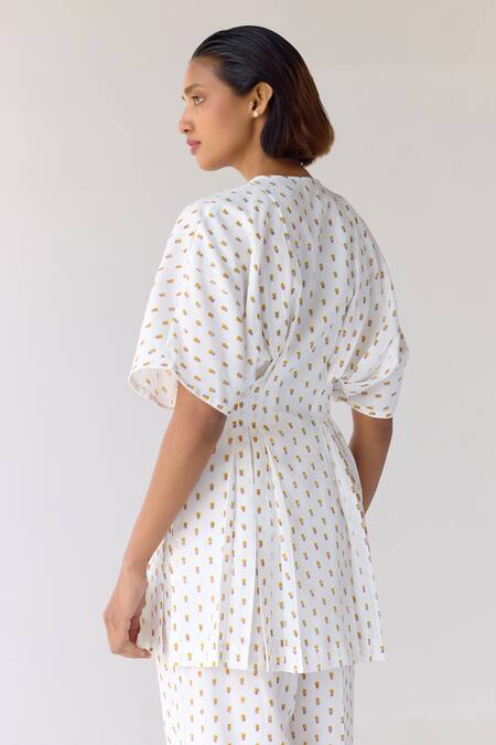 Cotton And Clay_White Modal Embroidery Round Neck Hand Block Print Pleated Top And Trouser Set _Online_at_Aza_Fashions