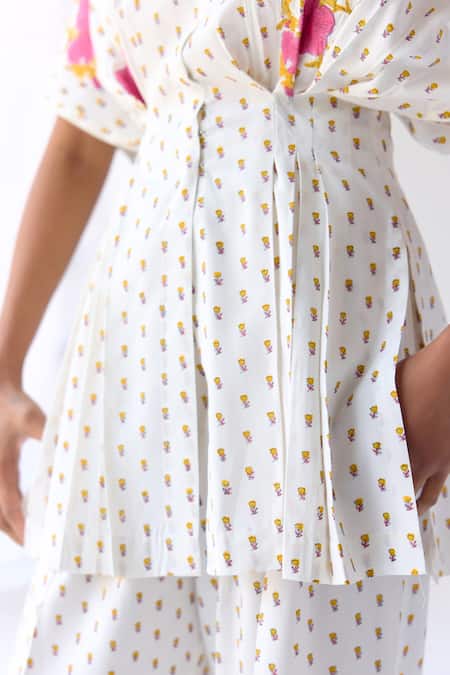 Shop_Cotton And Clay_White Modal Embroidery Round Neck Hand Block Print Pleated Top And Trouser Set _Online_at_Aza_Fashions