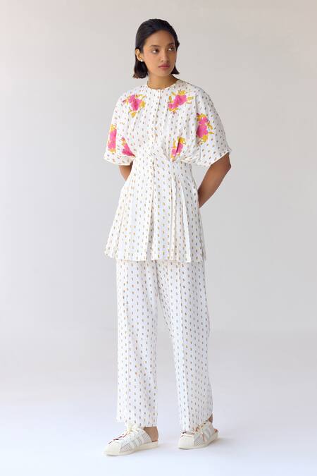 Buy_Cotton And Clay_White Modal Embroidery Round Neck Hand Block Print Pleated Top And Trouser Set 