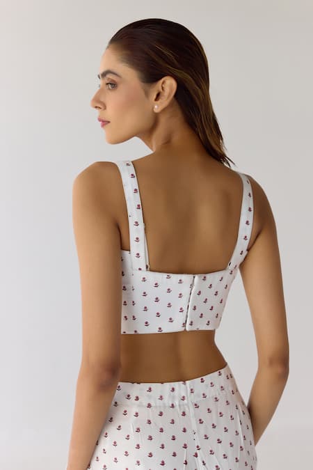 Shop_Cotton And Clay_White Modal Embroidery Floral Hand Block Printed Corset Top And Trouser Set _Online_at_Aza_Fashions