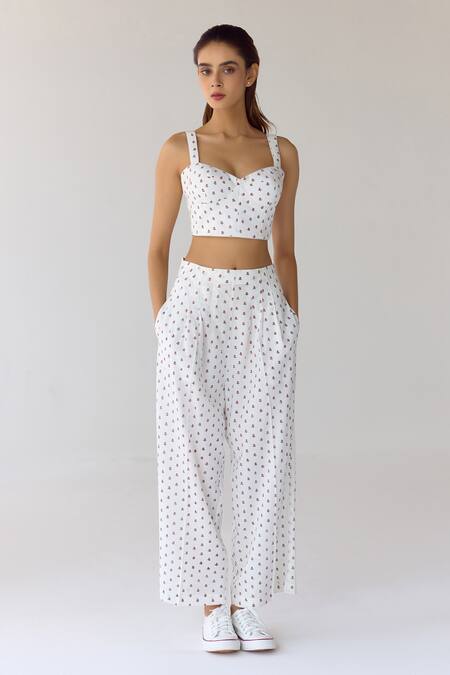 Cotton And Clay_White Modal Embroidery Floral Hand Block Printed Corset Top And Trouser Set _at_Aza_Fashions