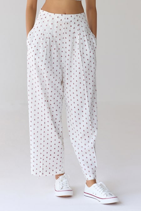 Buy_Cotton And Clay_White Modal Embroidery Floral Hand Block Printed Corset Top And Trouser Set 