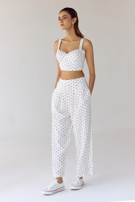Shop_Cotton And Clay_White Modal Embroidery Floral Hand Block Printed Corset Top And Trouser Set 