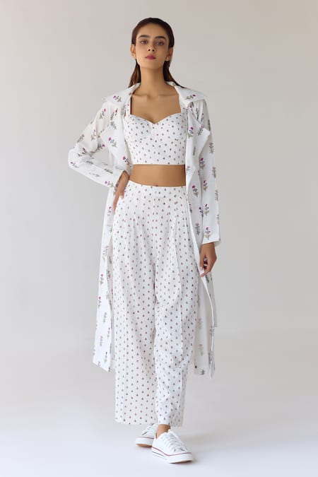 Cotton and Clay White Double Cotton Hand Block Printed Floral Jacket With Pleated Trouser Set 