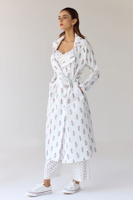 Cotton And Clay_White Cotton, Modal Embroidery Hand Block Print Jacket With Pleated Trouser Set _Online_at_Aza_Fashions