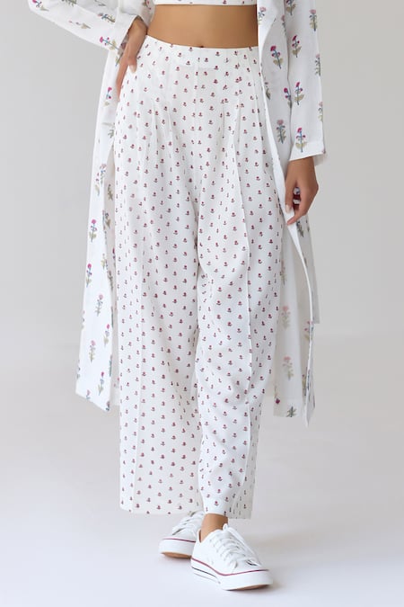 Shop_Cotton And Clay_White Cotton, Modal Embroidery Hand Block Print Jacket With Pleated Trouser Set _Online_at_Aza_Fashions