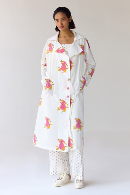 Cotton and Clay White Double Cotton Hand Block Printed Floral Jacket Notched With Trouser Set 