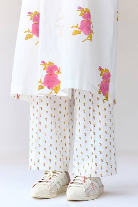 Cotton And Clay_White Cotton, Modal Embroidery Floral Hand Block Printed Jacket And Trouser Set _Online_at_Aza_Fashions