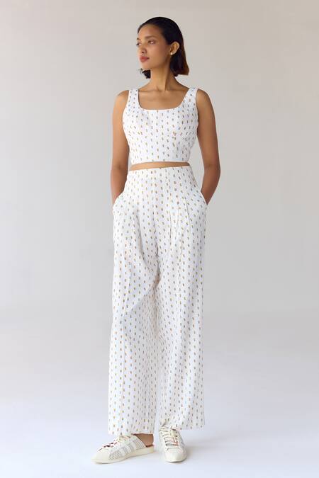 Shop_Cotton And Clay_White Cotton, Modal Embroidery Floral Hand Block Printed Jacket And Trouser Set _Online_at_Aza_Fashions