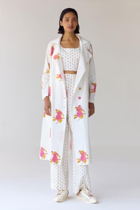 Cotton And Clay_White Cotton, Modal Embroidery Floral Hand Block Printed Jacket And Trouser Set _at_Aza_Fashions