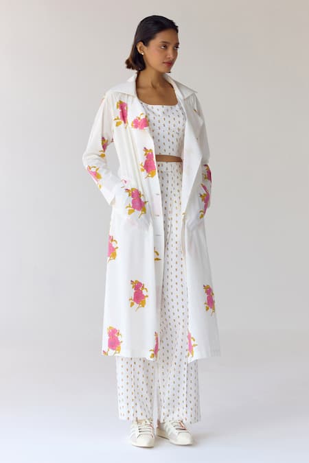 Buy_Cotton And Clay_White Cotton, Modal Embroidery Floral Hand Block Printed Jacket And Trouser Set 