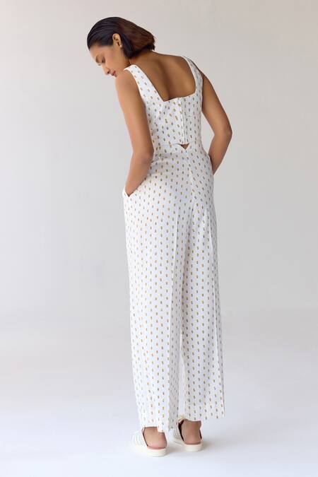 Cotton And Clay_White Modal Embroidery Round Hand Block Print Crop Top And Pleated Trouser Set _Online_at_Aza_Fashions