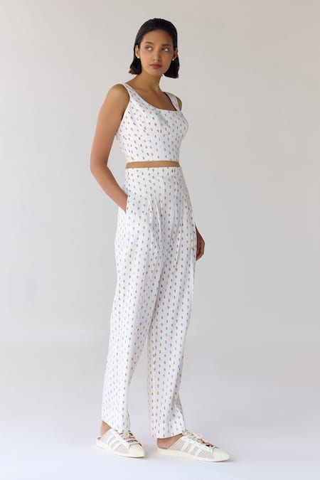 Buy_Cotton And Clay_White Modal Embroidery Round Hand Block Print Crop Top And Pleated Trouser Set _Online_at_Aza_Fashions