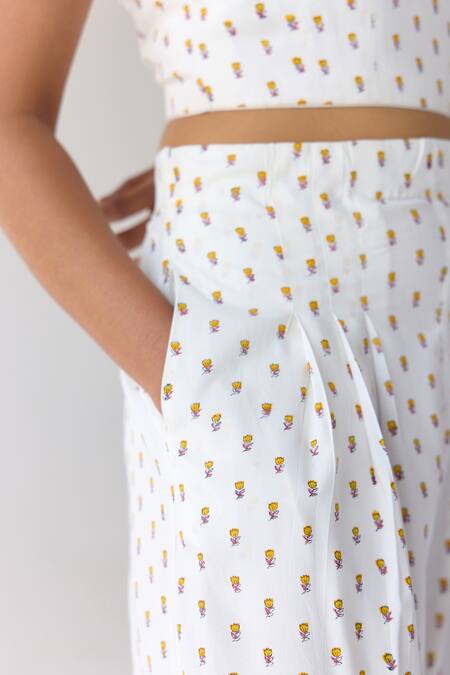 Shop_Cotton And Clay_White Modal Embroidery Round Hand Block Print Crop Top And Pleated Trouser Set _Online_at_Aza_Fashions