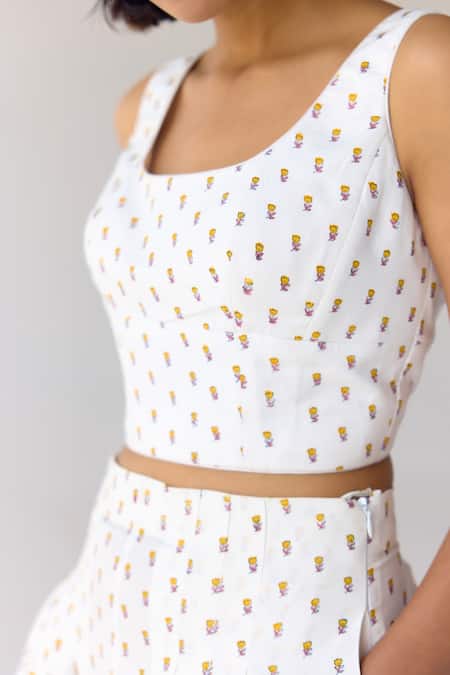 Cotton And Clay_White Modal Embroidery Round Hand Block Print Crop Top And Pleated Trouser Set _at_Aza_Fashions