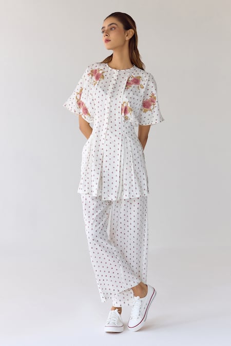 Cotton And Clay Floral Hand Block Print Pleated Top & Trouser Set 