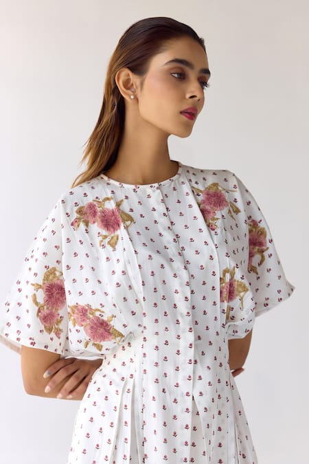 Cotton And Clay_White Modal Embroidery Round Floral Hand Block Print Pleated Top And Trouser Set _Online_at_Aza_Fashions