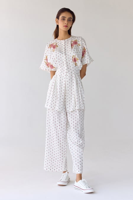 Shop_Cotton And Clay_White Modal Embroidery Round Floral Hand Block Print Pleated Top And Trouser Set _Online_at_Aza_Fashions