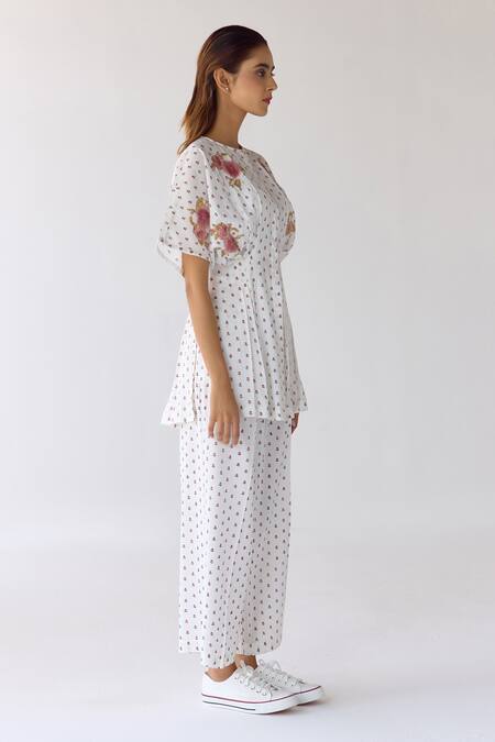 Buy_Cotton And Clay_White Modal Embroidery Round Floral Hand Block Print Pleated Top And Trouser Set 