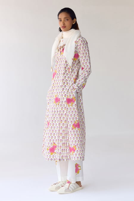 Cotton and Clay White Cotton Hand Block Printed Floral Round Pleated Kurta Trouser Set 