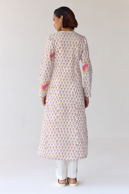 Cotton And Clay Floral Print Pleated Kurta Trouser Set 