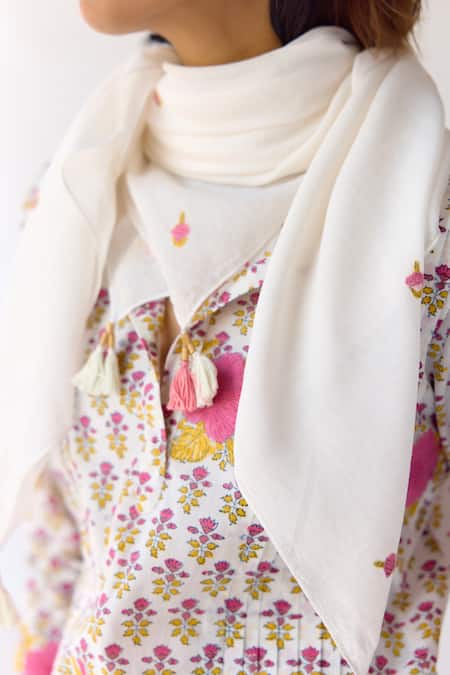 Cotton And Clay_White Cotton Tassels, Embroidery Round Floral Print Pleated Kurta Trouser Set _Online_at_Aza_Fashions
