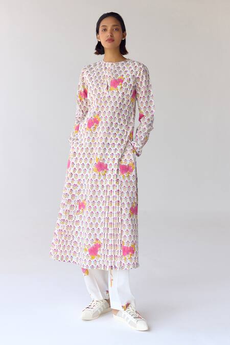 Shop_Cotton And Clay_White Cotton Tassels, Embroidery Round Floral Print Pleated Kurta Trouser Set _Online_at_Aza_Fashions