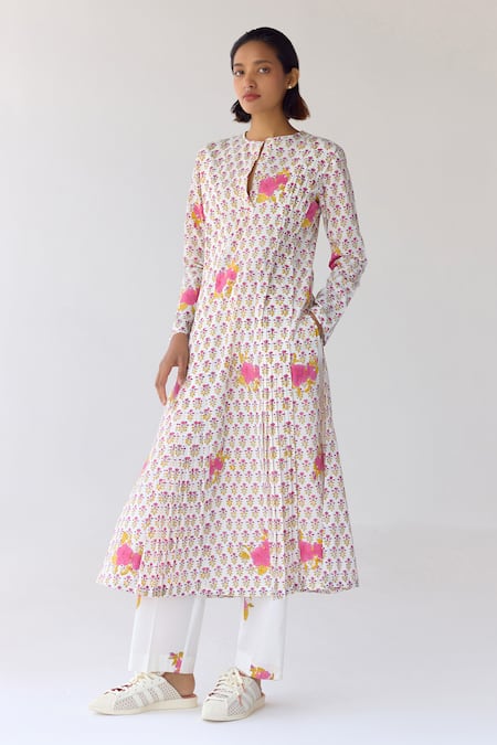 Cotton And Clay_White Cotton Tassels, Embroidery Round Floral Print Pleated Kurta Trouser Set _at_Aza_Fashions