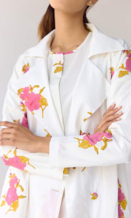 Cotton And Clay_White Cotton Embroidery Round Neck Floral Hand Block Print Dress And Jacket _Online_at_Aza_Fashions