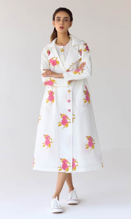 Buy_Cotton And Clay_White Cotton Embroidery Round Neck Floral Hand Block Print Dress And Jacket _Online_at_Aza_Fashions