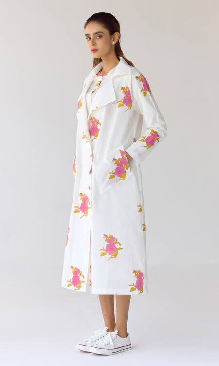 Shop_Cotton And Clay_White Cotton Embroidery Round Neck Floral Hand Block Print Dress And Jacket _Online_at_Aza_Fashions