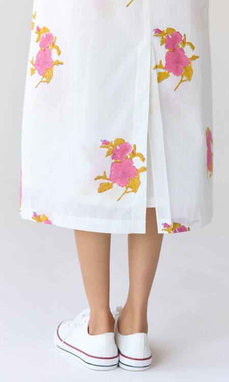 Cotton And Clay_White Cotton Embroidery Round Neck Floral Hand Block Print Dress And Jacket _at_Aza_Fashions