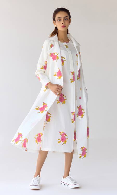 Buy_Cotton And Clay_White Cotton Embroidery Round Neck Floral Hand Block Print Dress And Jacket 