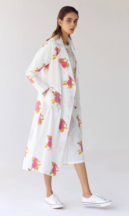 Shop_Cotton And Clay_White Cotton Embroidery Round Neck Floral Hand Block Print Dress And Jacket 