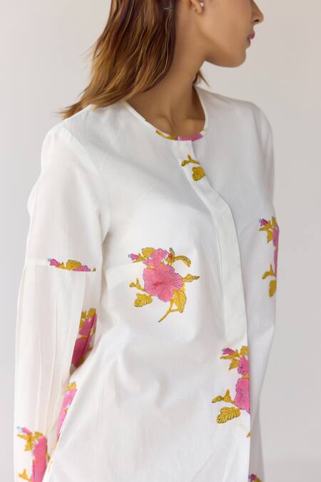 Cotton And Clay_White Cotton Embroidery Round Neck Floral Hand Block Print Dress _Online_at_Aza_Fashions