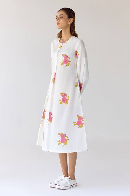 Buy_Cotton And Clay_White Cotton Embroidery Round Neck Floral Hand Block Print Dress _Online_at_Aza_Fashions