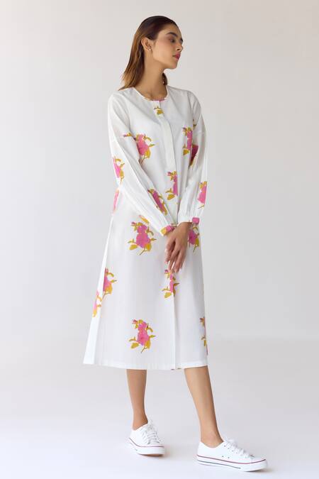 Shop_Cotton And Clay_White Cotton Embroidery Round Neck Floral Hand Block Print Dress _Online_at_Aza_Fashions