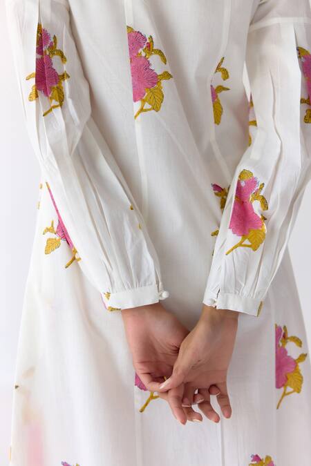 Cotton And Clay_White Cotton Embroidery Round Neck Floral Hand Block Print Dress _at_Aza_Fashions