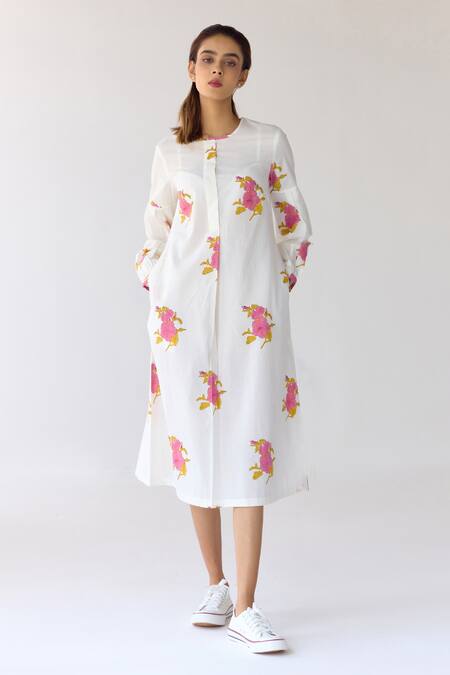 Buy_Cotton And Clay_White Cotton Embroidery Round Neck Floral Hand Block Print Dress 