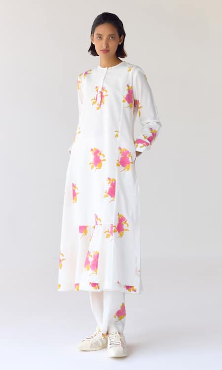 Shop_Cotton And Clay_White Cotton Tassels Round Neck Floral Hand Block Print A-line Kurta Set _Online_at_Aza_Fashions