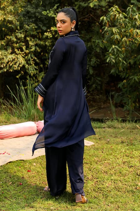 Shop_Ajiesh Oberoi_Blue Chiffon, Cotton Embroidery, Beads Chamak High-low Shirt With Palazzo _at_Aza_Fashions