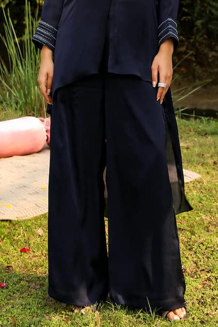 Ajiesh Oberoi_Blue Chiffon, Cotton Embroidery, Beads Chamak High-low Shirt With Palazzo _Online_at_Aza_Fashions